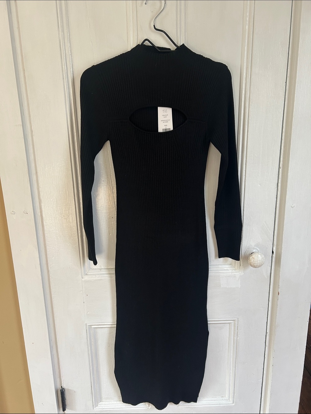 French Connection Black Ribbed Long Sleeve Cutout Midi Dress